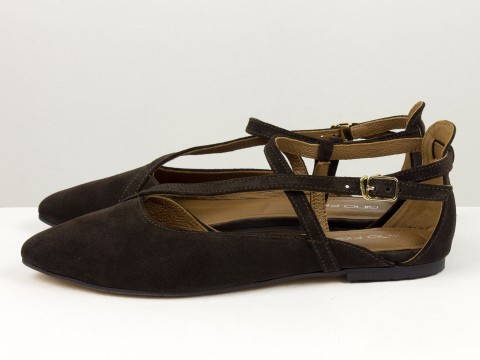 Женские коричневые туфли на низком ходу из натуральной замши с ремешками и застежкой, С-2223-12